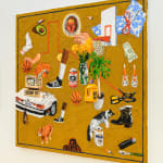 Painting of a collage of items including a vintage desktop computer, avocado, cigarette, basketball hoop, sunglasses, a cat, a dog, a basketball, a Bic lighter, a palm tree and a sock by Emilio Villalba.
