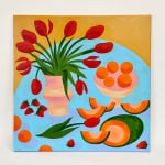 Jess Ackerman's painting of a table with fruit and flowers using blues and yellow