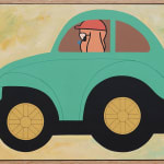 Painting of a green beetle car with a dog like figure wearing a red hat in the front seat driving on a yellow background