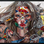 portrait of a blond woman with comic book imagery covering her face and surroundings framed