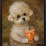 dog drinking a bubble tea
