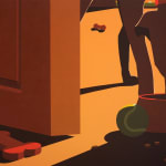 Adrian Kay Wong - warm tone oil painting of a dog behind the slightly open door