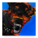 David Heo - square oil painting, dog head facing the viewer and vibrant blue background
