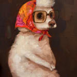 A painting of a seated white dog wearing a pink and yellow headscarf and brown square glasses.