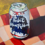 Painting of a Pabst Blue Ribbon can on a table with a red and pink table clothe