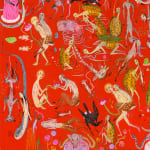 Detail shot of a painting by Mu Pan of creatures, animals and human hybrids eating, sleeping, killing, flying and climbing