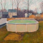 Painting of an above ground pool on grass surrounded by some low fences with bare trees in the background and a house beyond the fence