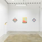 Install image of "Cosmic Bloom." From left to right, "Bouquet Painting No. 48," "Apple Elbow in Pale Peach & Luminous Yellow," "Sunset Swim," "Pulp Bouquet No. 03," "Triple Diamond," "Wall Frond."