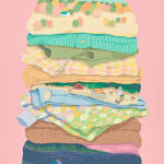 Danym Kwon - Painting of stacked clothes. Some clothes are patterned with sceneries of nature. The background is solid pink.