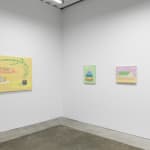 Install photo of Danym Kwon's "A Soft Day." From left to right, "A Cozy Afternoon with Frederick," "When We Look Towards the Same Direction," "Encouragement," "Everything Grows in Sunshine."