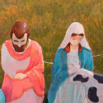 Painting of two photos showing the front and back of lawn decorations including Joseph and Mary, the Easter Bunny, two Easter Eggs and a cow