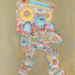 A painting by ferris Plock of an astronaut-like character with a boombox on his back. There is a major use of bright vivid patterns and colors.