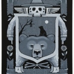 Gray-scale painting of a crest like composition depicting a skull man with a wide brimmed hat, wings, pointing towards small flowers, and inside the crest is a large bear head, a silhouette of a bare trees, a man sitting in the tree, and a man laying on the ground in front of a seated bear by artist Jeremy Fish