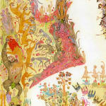 Detail shot of Mu Pan painting of animals and human hybrid creatures eating, fighting, sleeping, etc
