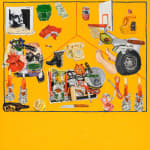 A painting of a polaroid of a collage of things including a telephone, a dog, a basketball hoop, a boot, candles, scissors, a knife, wheels, Vans shoe, a beer bottle and shopping baskets by Emilio Villalba. .