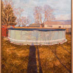 Painting of an above ground pool on browning grass. You can see the shadow of the person taking the image reflected on the grass and on the side of the pool. In the background is a few bare trees and house