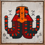 Painting by GATS of a GATS character in green orange and red on a white background