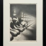 drawing of a line of men kneeling with a light above their heads by Miles Johnston