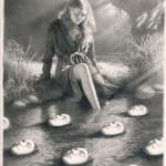 Drawing of a woman dipping her toe into a river with floating faces by Miles Johnston