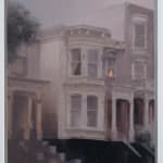Kim Cogan - Painting of. a white building from street view with purple tone fog in daytime, a warm arange lamb stood in one window of the building