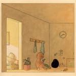 drawing of three interior rooms each with a nude bald figure and a black blob being