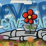 grey robot laying on its back as a red flower grows out of his chest with the words "Never Give Up" in the background
