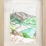 framed drawing - sketch of a mountain scene with tree branches peaking out of the left side