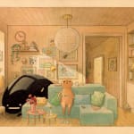 drawing of a figure sitting on living room couch with a menacing black blob behind it