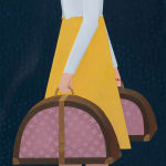 Painting of the bottom half of a woman holding two half circle shaped suitcases one in each hand. She is wearing a long yellow skirt and a white long sleeve blouse.
