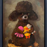 A painting of a brown dog sitting on a yellow stool holding a toy octopus, duck, and cow.