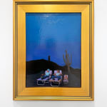 Painting of a family laying on lawn chairs in a desert in the dark
