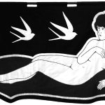 embroidered black and white banner of a nude woman reclining and three birds