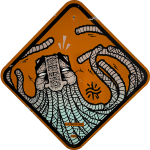 Orange road sign with detailed illustration of a masculine face, long beard, and intricate symbols/patterns in around the face.