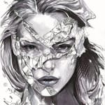 ink drawing of a woman with torn comic book piece across her faces