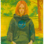Painting of a woman standing under a tree on grass wearing a large black hoodie sweatshirt with a circle logo on the front. Her hair is short and red. She has no pants on.