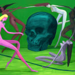 Corey K. Lamb - painting of five women figures circling around a skull in human size. the background is in bright green, the skull is dark green, the figure are in different shade of grey, brown, and pink. A white flower lay on the right bottom corner of the canvas
