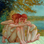 Painting of three naked women sitting on a dock under a tree next to a body of water. The women are huddled together on the ground looking in different directions bracing one another.