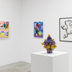 Install Image of "Oddkin", from left to right, “Shelf with Fish, Sunburst & Plants”, “Forever a Leaky Lip”, “Untitled Urn #6”, “THIS THING OF OURS”