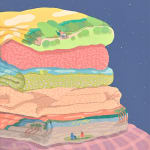 Danym Kwon - Painting of stacked clothes. Some clothes are patterned with sceneries of nature and family memories. The background is solid midnight blue.