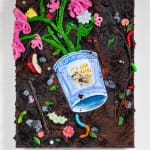 Three dimensional painting with mixed media of a blue togo coffee cup with pink flowers in it on a textured dirt ground with plastic toys surrounding it including an apple slice, bugs, worm and a flower barrette