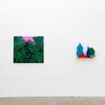 Installation image of 2 Blue Bottles, Green Vase, White Bowl and A Bunch Of Tomatoes next to I Know It's Too Late at Hashimoto Contemporary