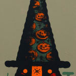 Painting of a GATS character with a tall witch hat with pumpkins on it and a red beard on green background