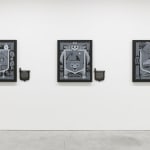 Installation view of Jeremy Fish's solo exhibition "The Moral Compass" at Harman Projects, SF. From left to right: The Goose and The Golden Egg, Two Travelers and a Bear, and The Mule