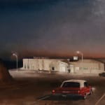 Kim Cogan painting of Cliff House restaurant and vintage red car at dusk