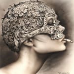 Brian M. Viveros drawing of woman in helmet smoking cigarette
