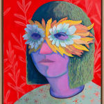 Genevieve Cohn painting of purple woman on red background, wearing feather eye mask
