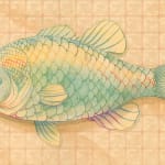 drawing of a light blue fish on beige tile