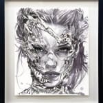 ink drawing of a woman with torn comic book piece across her faces framed