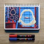 drawing of a shack that has multiple fossils of a shark mouth hanging on its walls