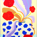 CHIAOZZA - painting of purple leaves and red flower coming out from beige vase with blue spots.